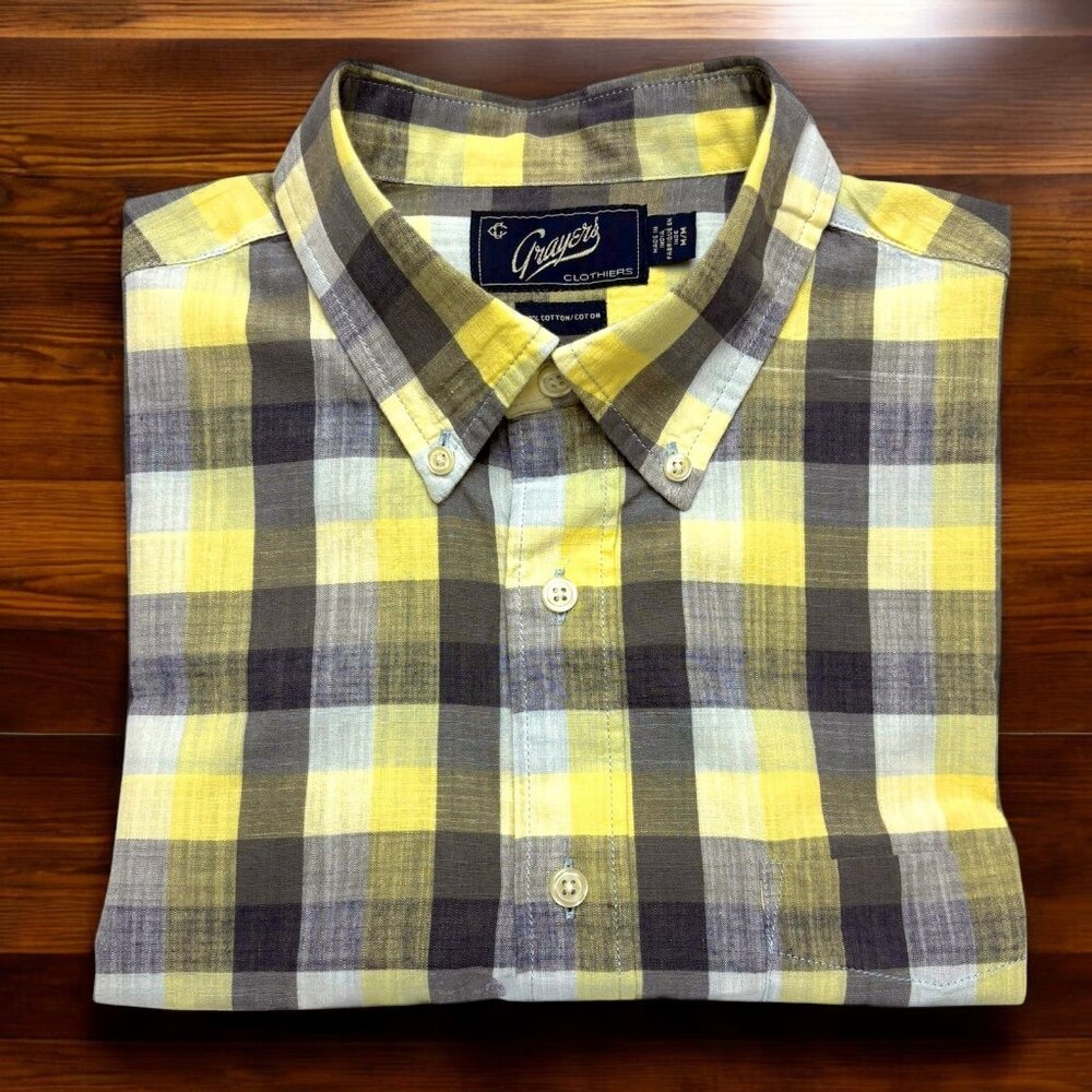 Grayers Gray Yellow Check Button Collar Short Sle… - image 1